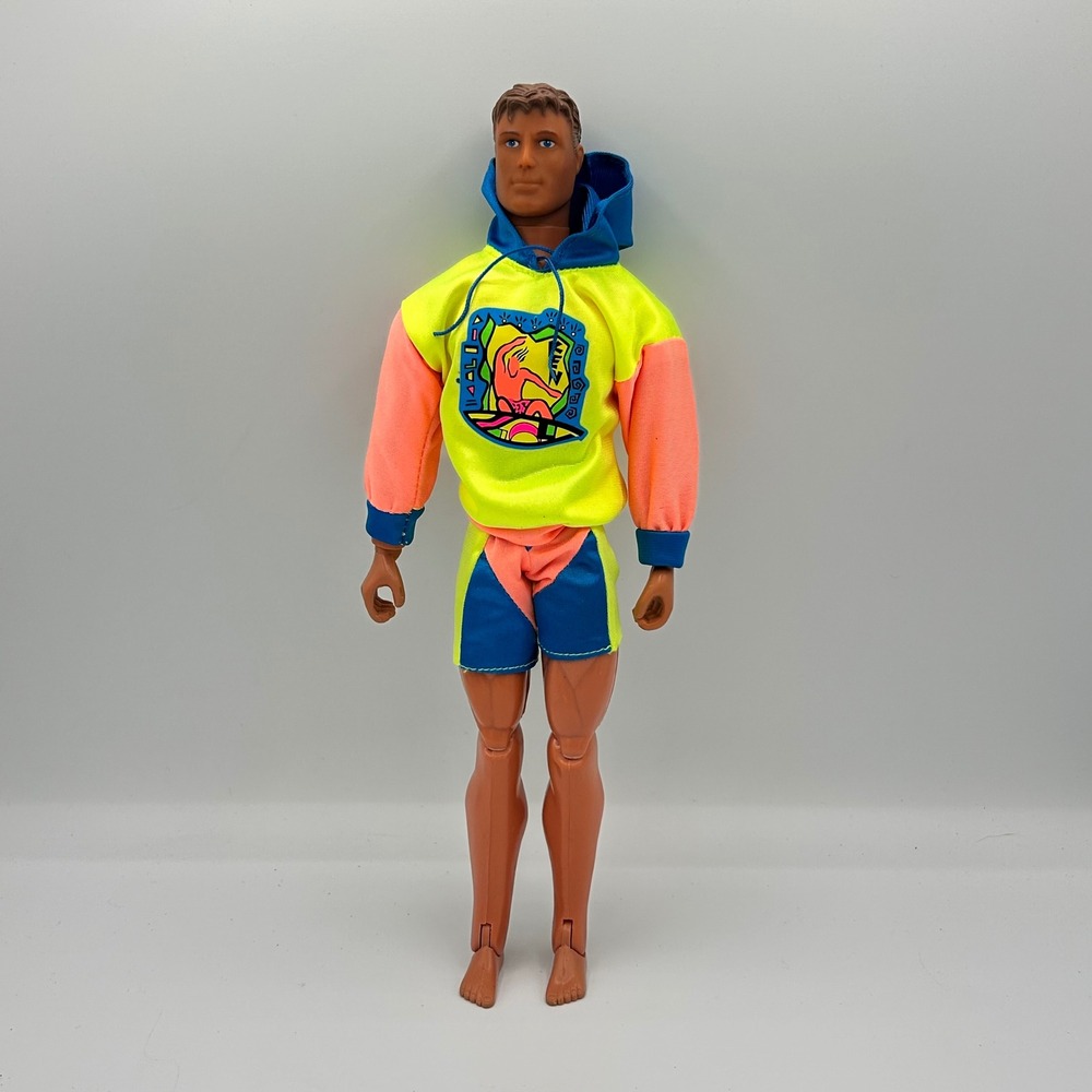 Vintage 2001 Barbie Ken Male Doll Neon Surfer Hoodie & Shorts Set Blue Eyes